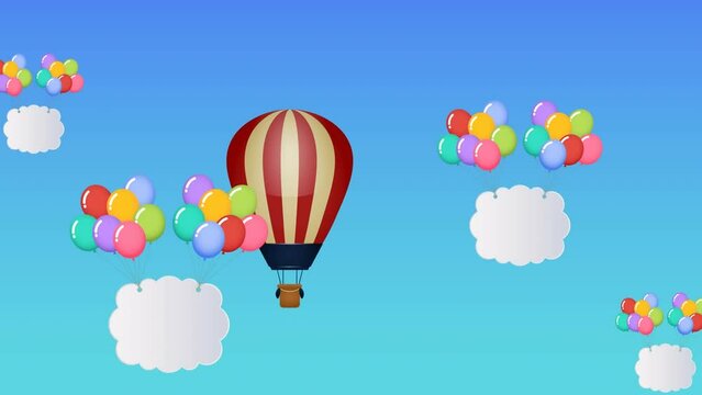 Animation of hexagon pattern with hot air balloon and clouds hanging on multicolored balloons