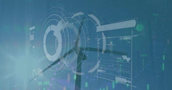 Animation of radar, loading bar, graph and human representation over low angle view of windmill
