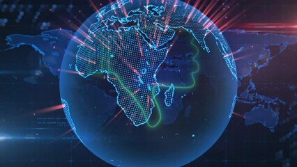 Animation of thumbs down icon over globe and map against abstract background - Powered by Adobe