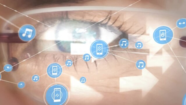 Animation of network of connections with icons and arrows over eye of caucasian woman