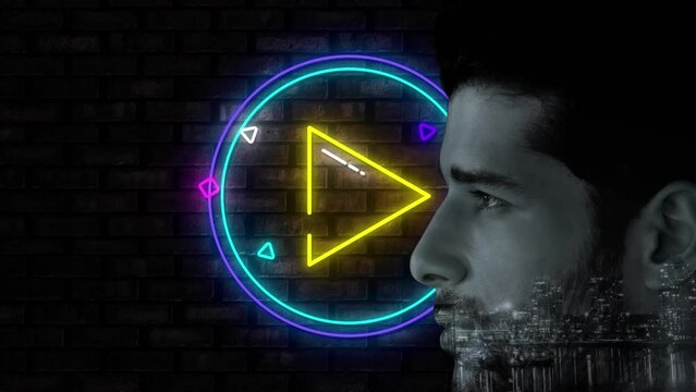 Animation of play icon in circles with buildings and caucasian man looking away over brick wall