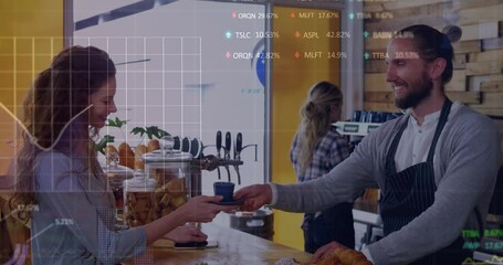 Animation of trading board and graphs over caucasian male barista giving coffee to woman at counter - Powered by Adobe