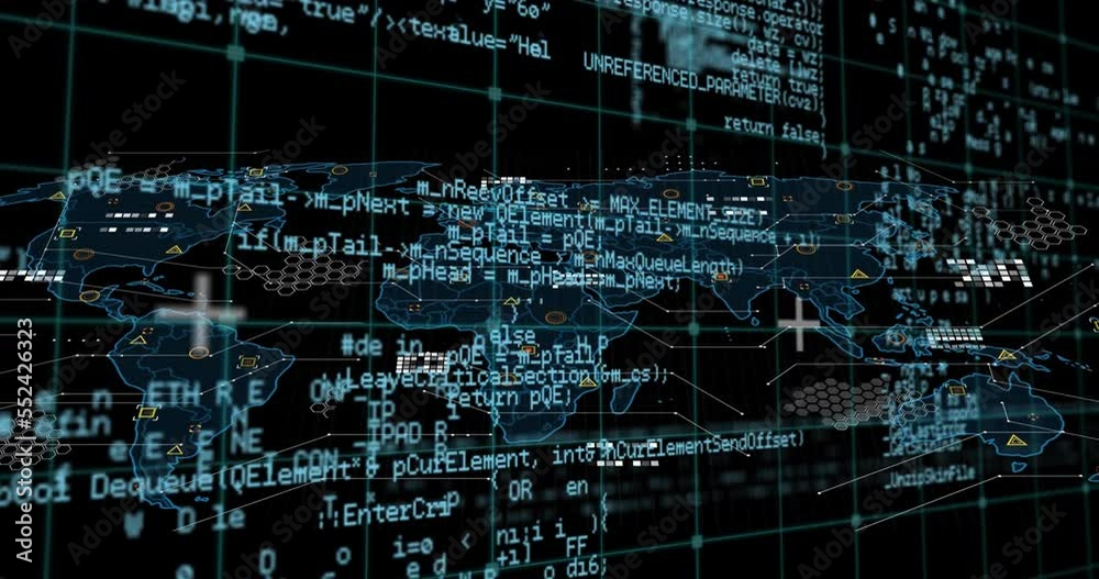 Wall mural animation of programming language and scientific formulas over map against black background