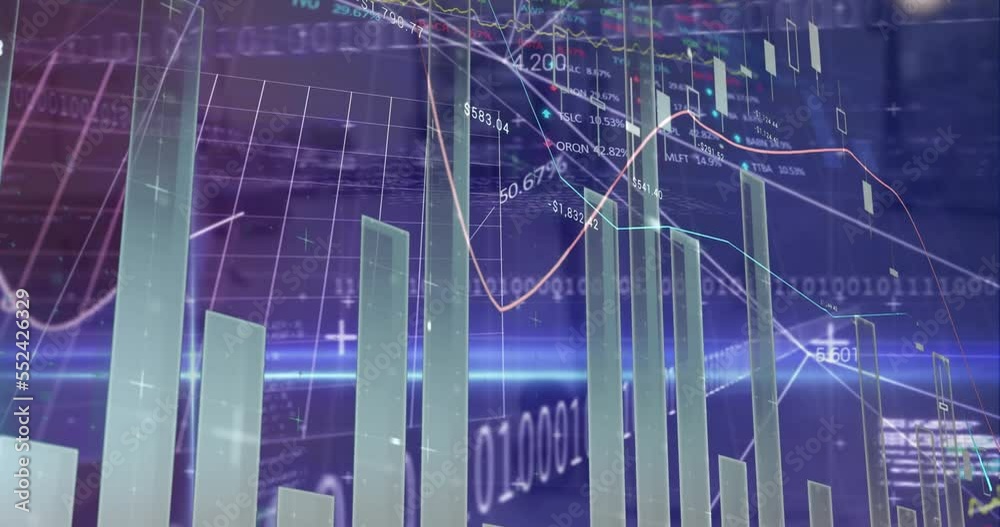 Poster animation of multiple graphs, programming language and trading board over abstract background