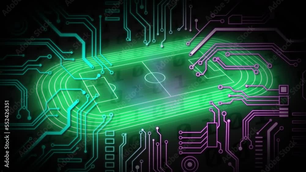 Poster animation of digital green soccer playground and circuit board pattern over binary codes