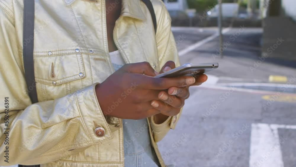 Poster Animation of icons over african american women using smartphone