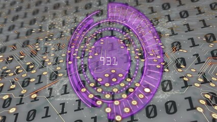 Animation of purple speedometer and circuit board pattern over binary codes on white background - Powered by Adobe