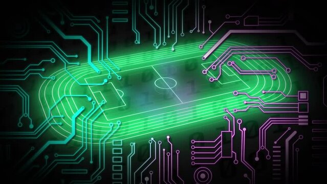 Animation of digital green soccer playground and circuit board pattern over binary codes