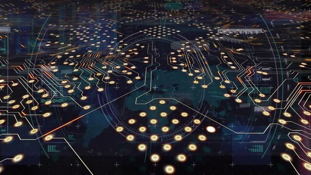 Animation of microprocessor connections and scope scanning over world map and data processing - Powered by Adobe