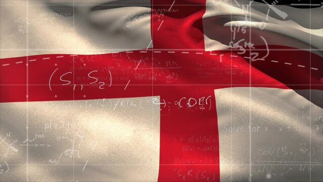 Animation of mathematical equations and drawing over waving english flag