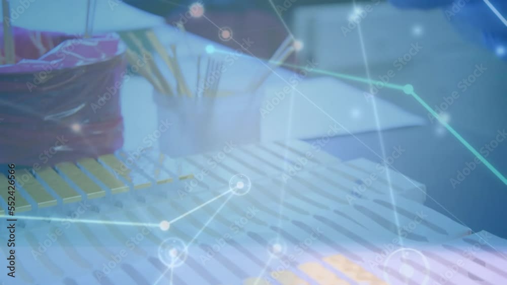 Poster animation of dots connected with lines over cropped hands of scientist checking blood sample at lab