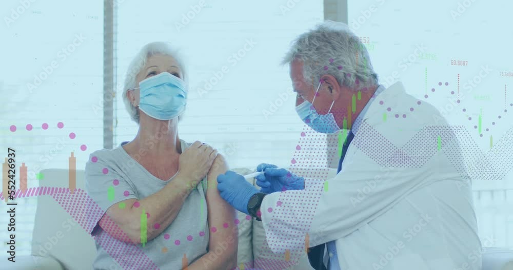 Sticker Animation of data processing over caucasian woman being vaccinated by male doctor in face masks