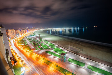 Panoramic view over the buildings downtown Tanger at night in Morocco