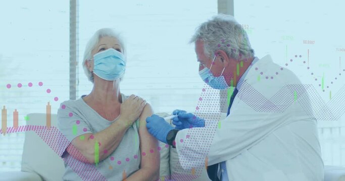 Animation of data processing over caucasian woman being vaccinated by male doctor in face masks
