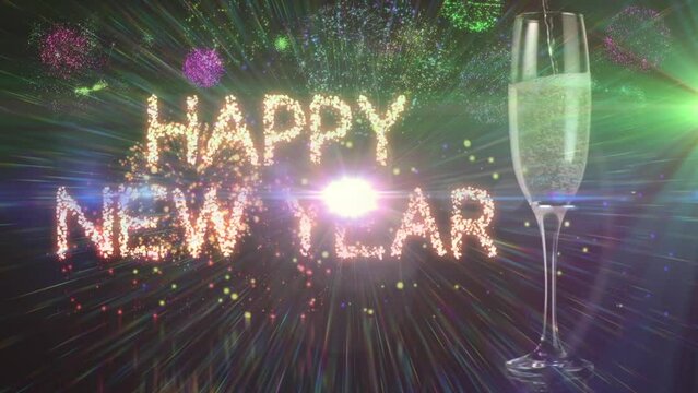 Animation of champagne flute with illuminated happy new year text against firework display