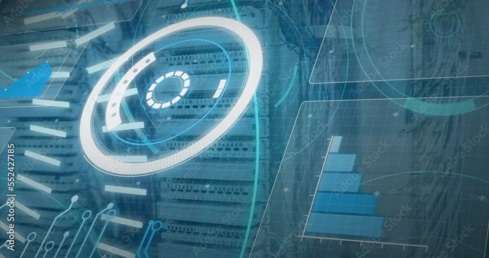 Poster animation of 5g text, radar, circles, bar graph and programming language over server rack