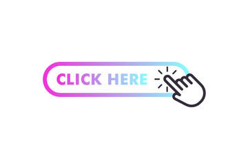 Click here on the button with the arrow pointer. Hand cursor vector icon. Flat line gradient button. Click here for website links.
