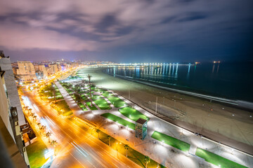 Panoramic view over the buildings downtown Tanger at night in Morocco