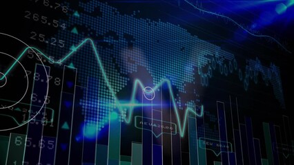 Animation of multiple graphs, trading board, lens flare, soundwave and map over abstract background - Powered by Adobe