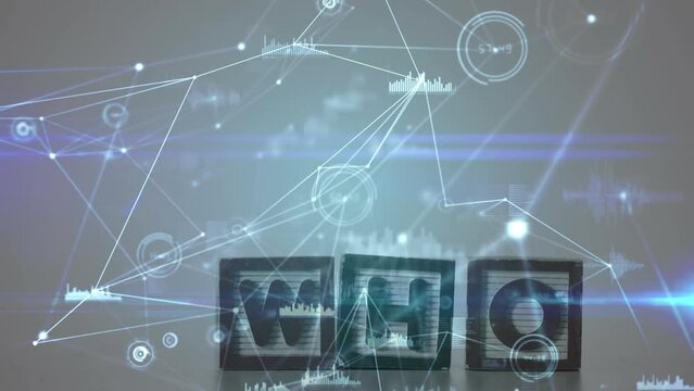 Animation of connected dots, graphs icons and lens flare over who text in wooden cubes