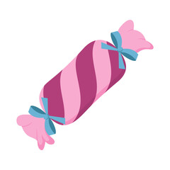 Bright striped candy in wrapper with bows. Flat design present for New Year, Christmas, birthday, holidays, anniversary, event. Template for poster, icon, logo, web, flyer, coupon, promo. Clip art