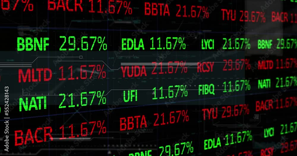 Poster animation of trading board and abstract pattern over illuminated dots in background