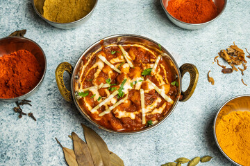 Chana Masala or chola gravy with chili sauce served in a dish isolated on grey background top view of bangladesh food