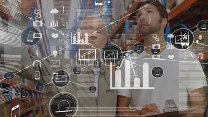 Animation of infographic interface, connected icons, caucasian coworkers checking stock in warehouse - Powered by Adobe