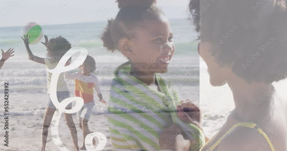 Sticker Animation of shapes over african american family at beach