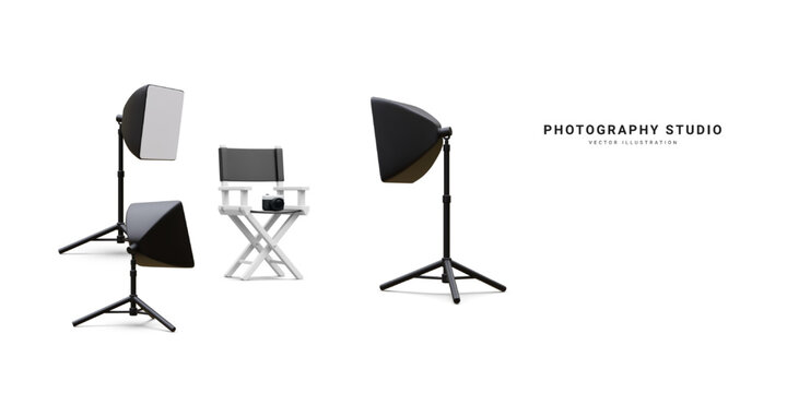 3d realistic interior of modern photo studio with chair, camera and professional lighting equipment. Empty photography studio with spotlights. Vector illustration