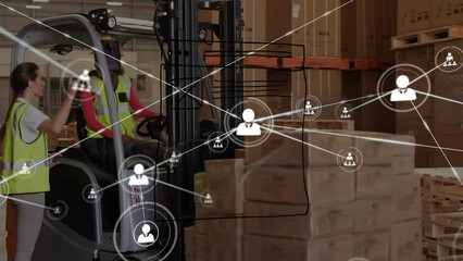 Animation of page drawing, connected icons over multiracial coworkers discussing in warehouse - Powered by Adobe