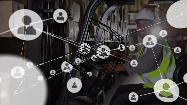 Animation of vector graph and laptop, connected icons over african american man driving forklift