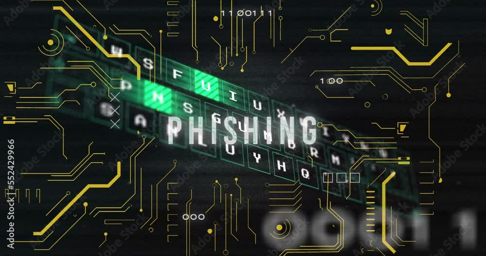 Poster animation of keyboard cutout on phishing text, binary code, glitch technique, circuit board pattern