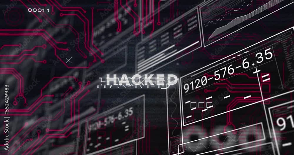 Poster animation of hacked text, hud interfaces, binary codes, circuit board texture over black background