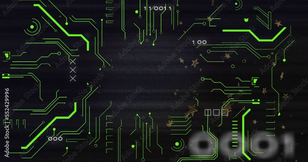 Poster animation of glitch technique over x mark, binary code, circuit board pattern over black background