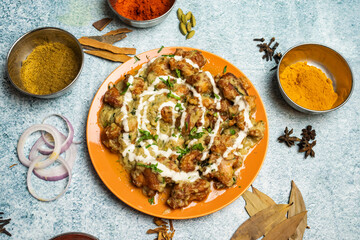 Shahi chicken or Chicken Maharani with chili sauce served in a dish isolated on grey background top view of bangladesh food