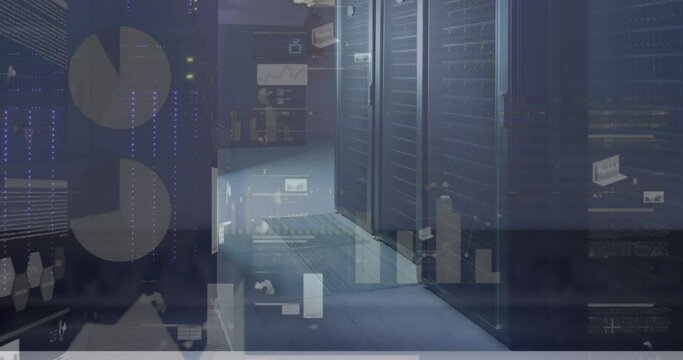 Animation of infographic interface against server room in background - Powered by Adobe