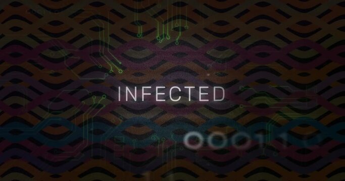 Animation of infected text, binary codes, multicolored abstract pattern over circuit board texture
