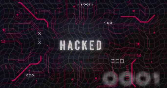 Animation of hacked text over grid pattern, binary codes and circuit board pattern