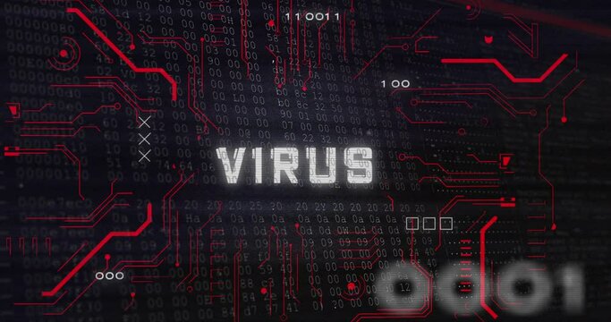 Animation of virus text with glitch technique, multiple numbers, binary codes, circuit board pattern