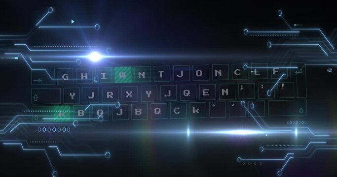 Animation of lens flare, abstract pattern moving over keyboard and circuit board texture