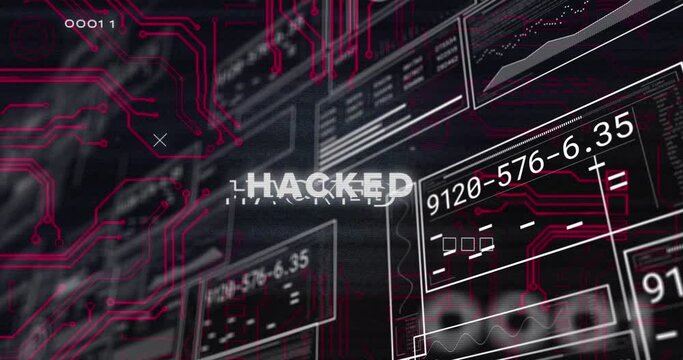 Animation of hacked text, hud interfaces, binary codes, circuit board texture over black background