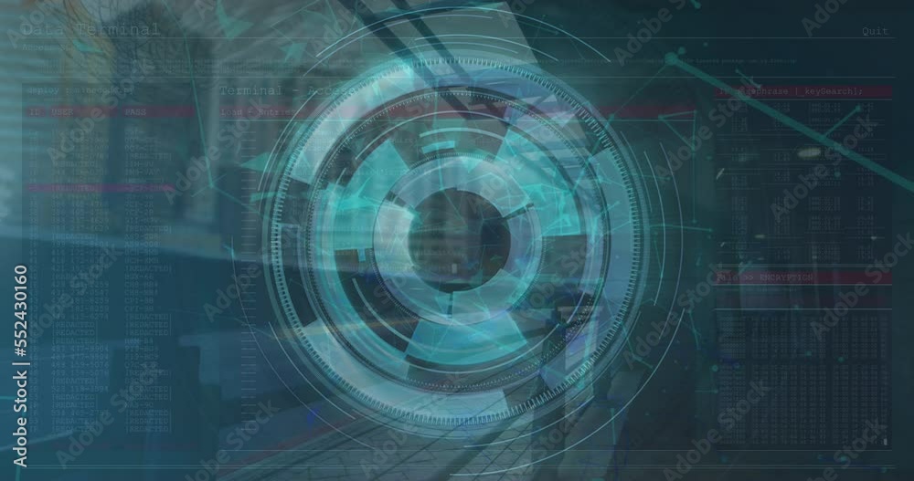 Poster animation of scope scanning with data processing and network of connections over cityscape