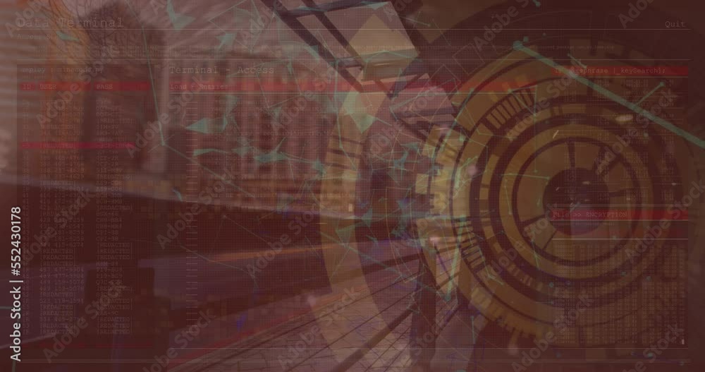 Poster animation of scope scanning with data processing and network of connections over cityscape