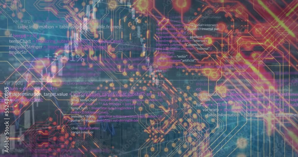 Poster animation of circuit board texture and graph over programming language in background