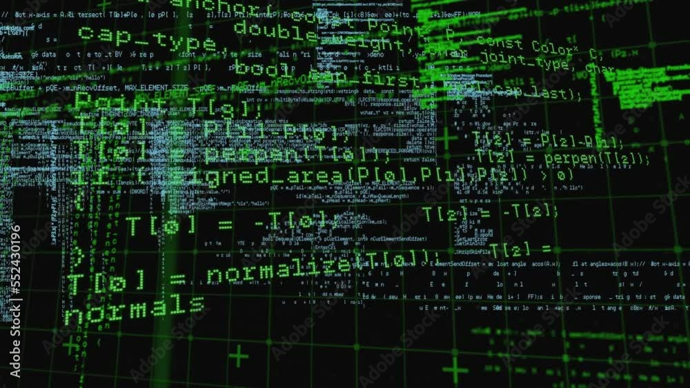 Poster animation of grid pattern over blue and green colored programming language over black background