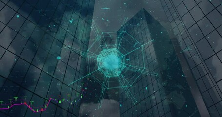 The animated video shows a network of connections over a cityscape - Powered by Adobe