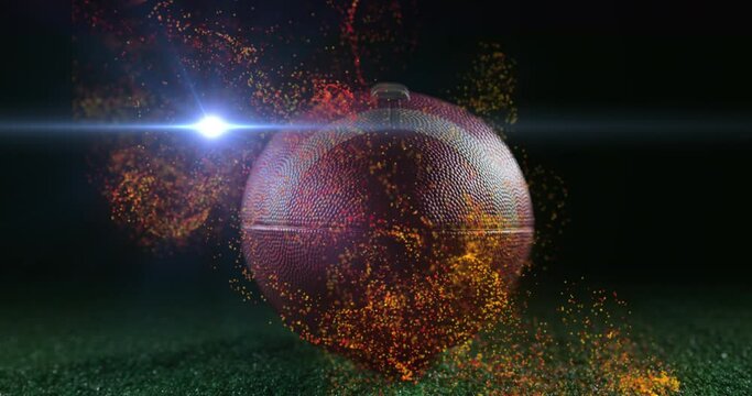 Animation of moving lens flare and abstract pattern over rugby ball on green ground