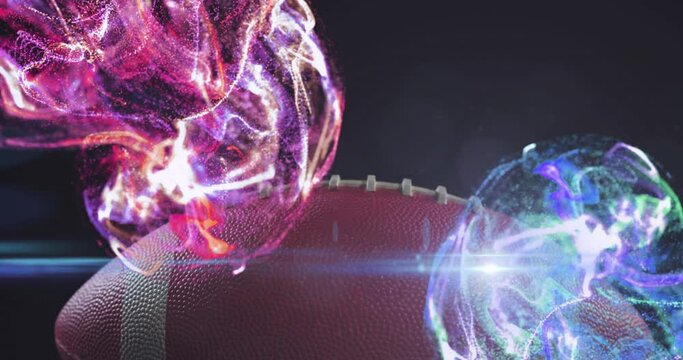 Animation of lens flare and multicolored abstract pattern over rugby ball against black background
