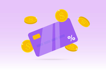 Loyalty program bonus card. Earn points and gold coins cash back income symbol. Reward points money bonus on credit bank card. Loyalty program and get rewards. Vector illustration